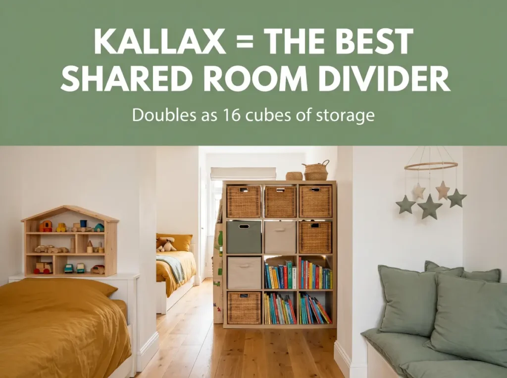 KALLAX shelf unit, specifically positioned as a versatile shared room divider.