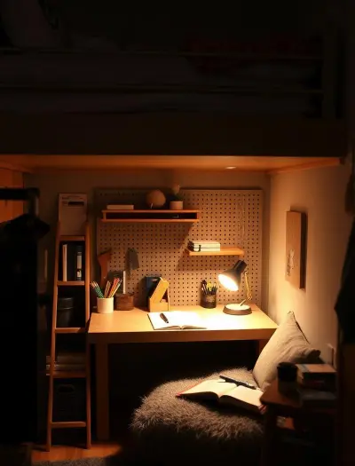 
cozy-wooden-desk-with-a-pegboard-and-a-small-desk-lamp-for-a-dedicated-study-or-work-area