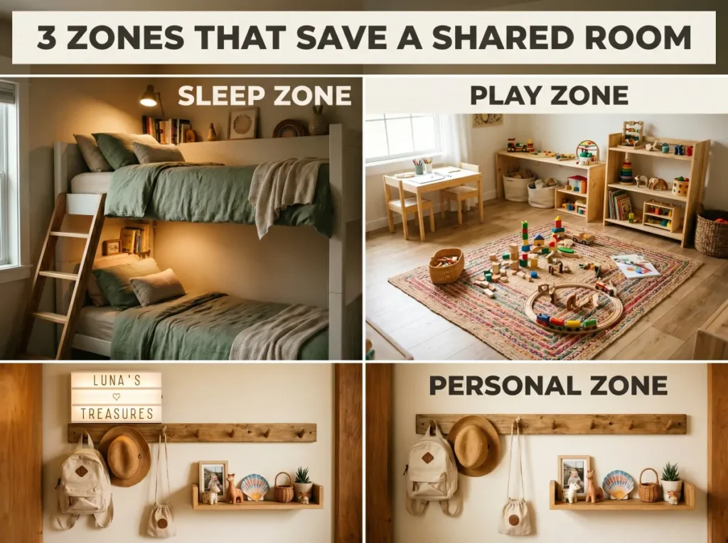 illustrates strategies for maximizing small shared rooms by dividing them into distinct functional areas