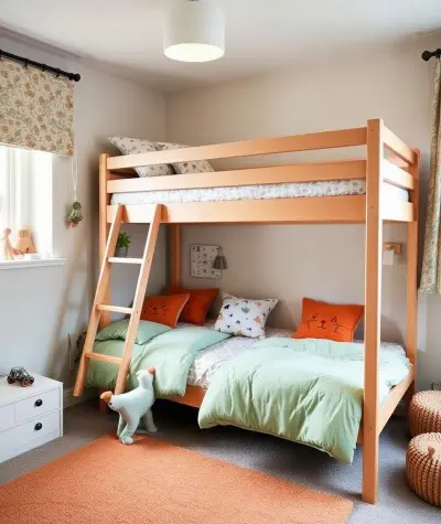 light wood kid's bunk bed with a ladder, similar to the West Elm Story Bunk Bed.