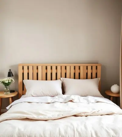 natural wood platform bed frame with a slatted headboard and neutral bedding.