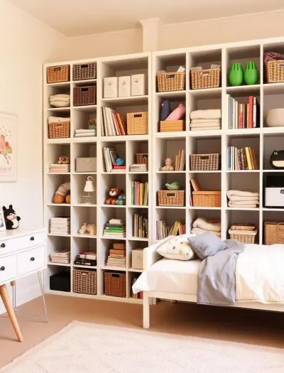  white IKEA KALLAX shelving unit with multiple storage inserts