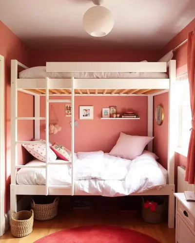 white wooden bunk bed frame styled for a children's bedroom.