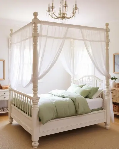 white-wooden-four-poster-canopy-bed-with-sheer-curtains-and-a-low-footboard